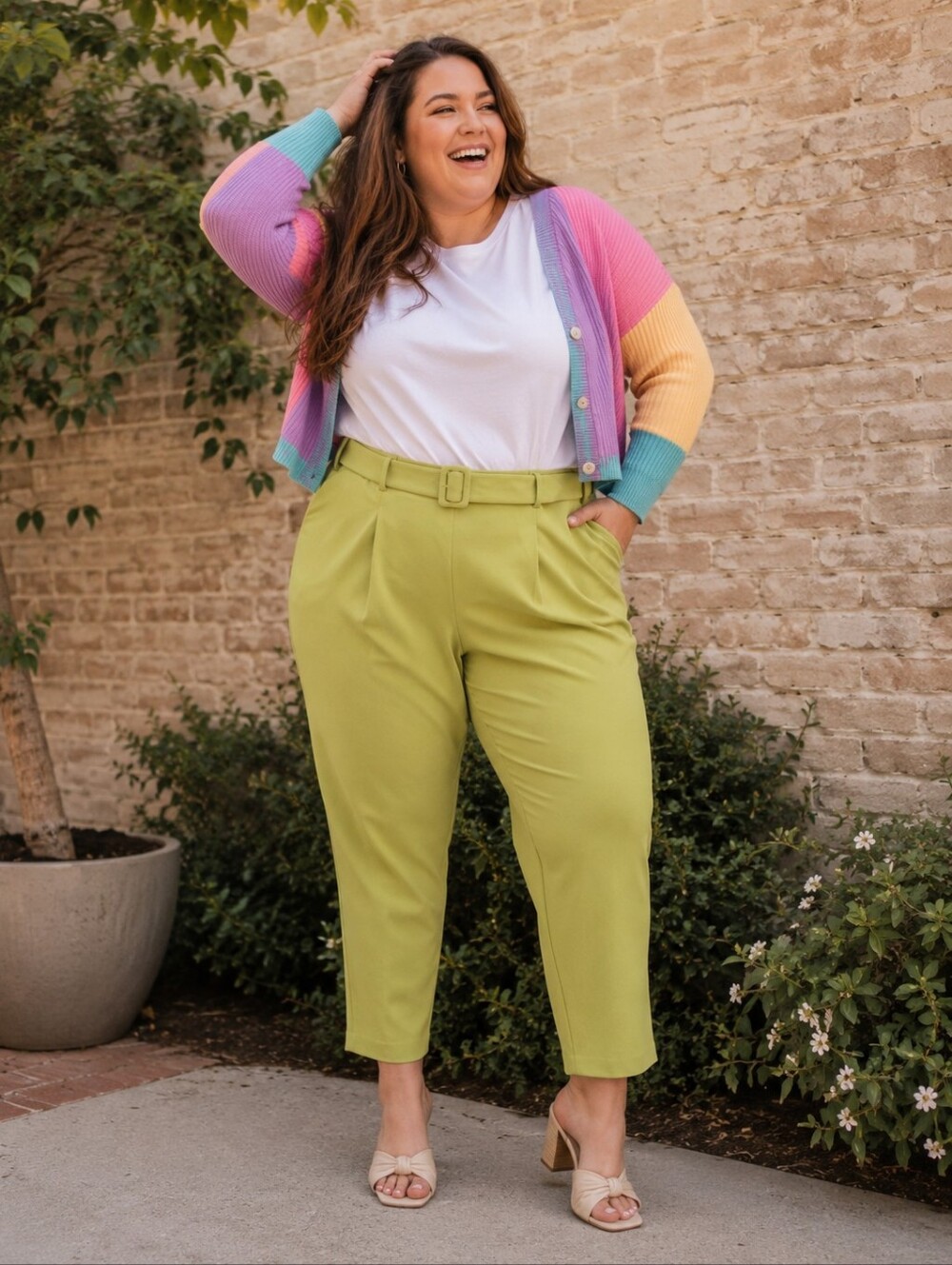 New York Company Plus Size 22: High-Rise Belted Crop Dress Pants in Lime Green - Picture 1 of 7